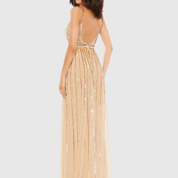 MAC DUGGAL 93801 SEQUINED WRAP OVER SLEEVELESS GOLD/NUDE GOWN sz 6 - Picture 5 of 7